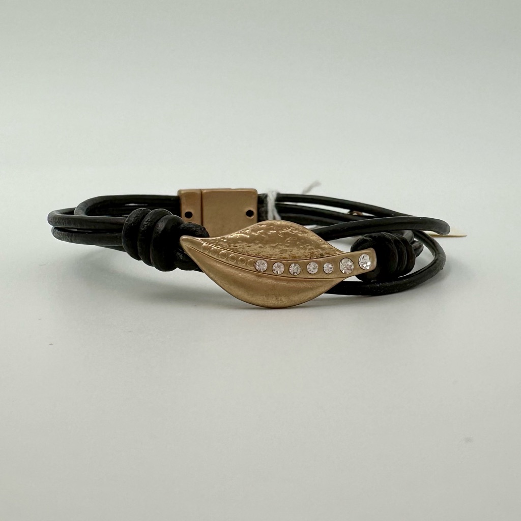 Black Brown Leather Bracelet With Gold Leaf Accent